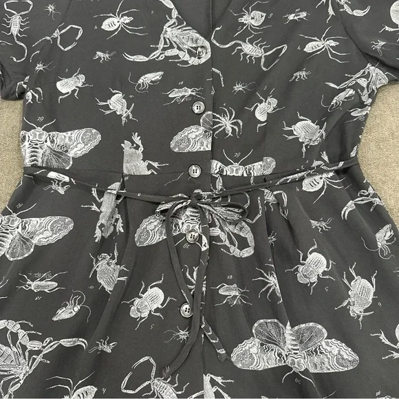 DISTURBIA Parasite Playsuit Black V-Neck Romper Bugs Print Goth w/ Tie (Size 8) - Picture 8 of 13